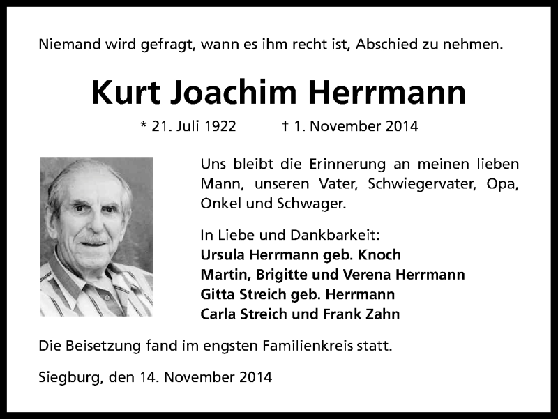  Traueranzeige für Kurt Joachim Herrmann vom 15.11.2014 aus Kölner Stadt-Anzeiger / Kölnische Rundschau / Express