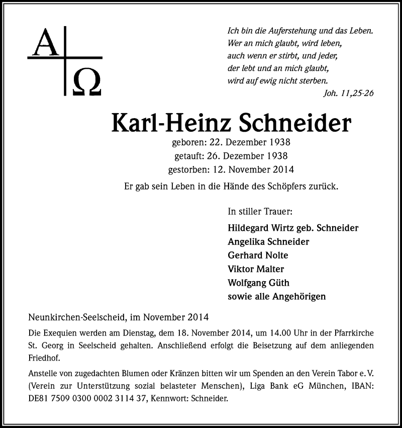  Traueranzeige für Karl-Heinz Schneider vom 14.11.2014 aus Kölner Stadt-Anzeiger / Kölnische Rundschau / Express