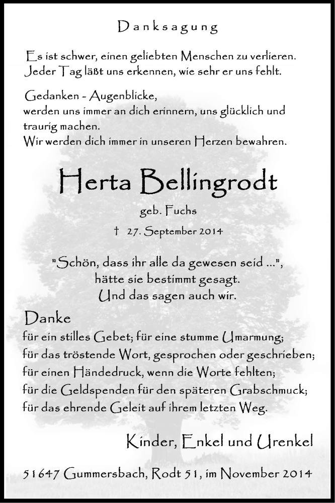  Traueranzeige für Herta Bellingrodt vom 15.11.2014 aus Kölner Stadt-Anzeiger / Kölnische Rundschau / Express
