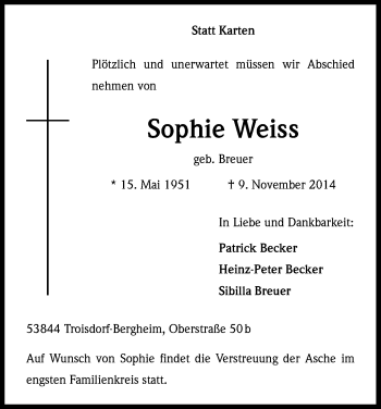 Anzeige von Sophie Weiss von Kölner Stadt-Anzeiger / Kölnische Rundschau / Express