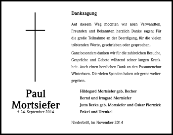 Anzeige von Paul Mortsiefer von Kölner Stadt-Anzeiger / Kölnische Rundschau / Express