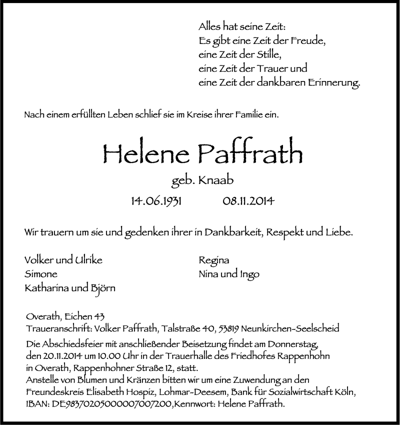  Traueranzeige für Helene Paffrath vom 15.11.2014 aus Kölner Stadt-Anzeiger / Kölnische Rundschau / Express
