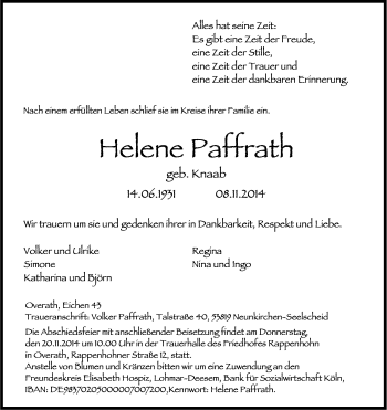 Anzeige von Helene Paffrath von Kölner Stadt-Anzeiger / Kölnische Rundschau / Express