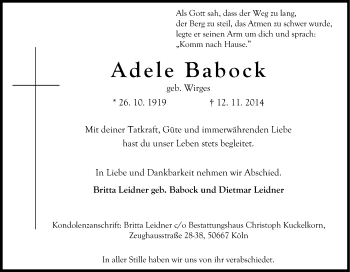 Anzeige von Adele Babock von Kölner Stadt-Anzeiger / Kölnische Rundschau / Express