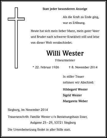 Anzeige von Willi Wester von Kölner Stadt-Anzeiger / Kölnische Rundschau / Express