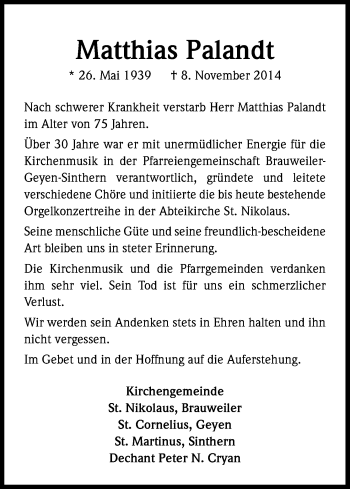 Anzeige von Matthias Palandt von Kölner Stadt-Anzeiger / Kölnische Rundschau / Express