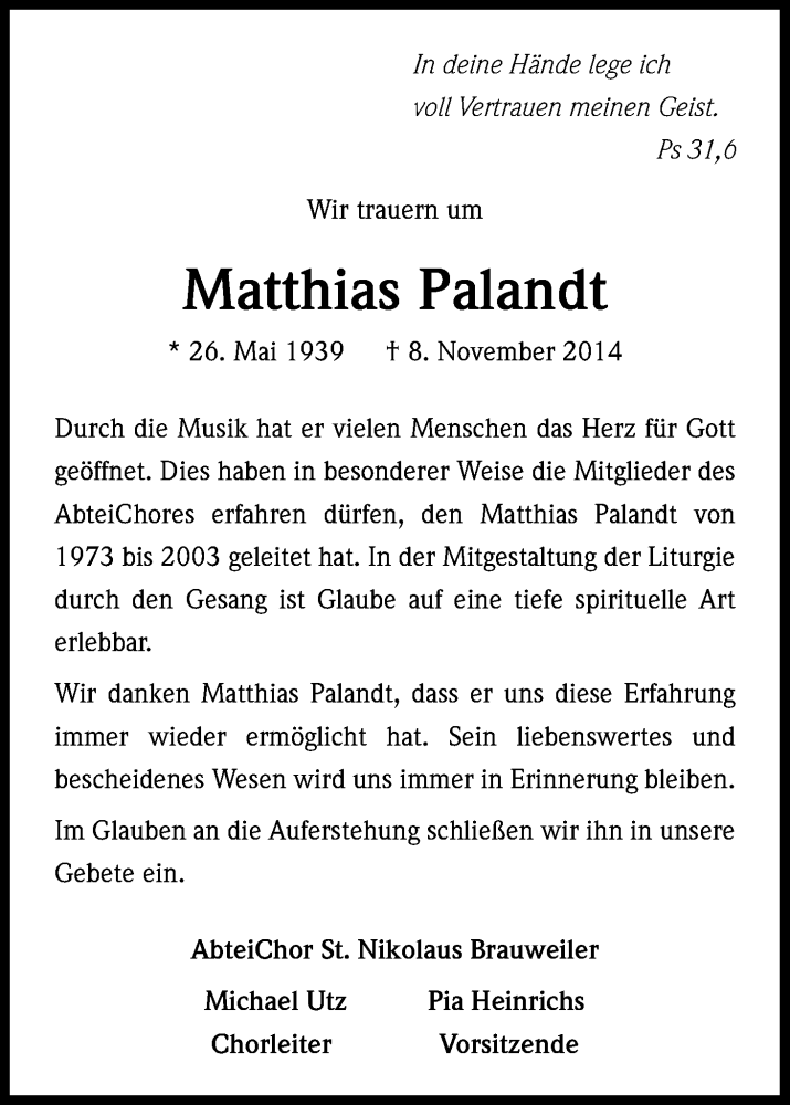  Traueranzeige für Matthias Palandt vom 15.11.2014 aus Kölner Stadt-Anzeiger / Kölnische Rundschau / Express