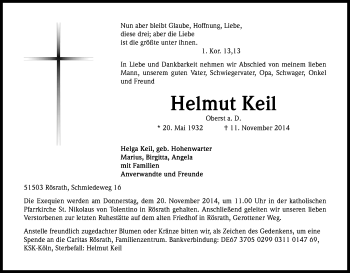 Anzeige von Helmut Keil von Kölner Stadt-Anzeiger / Kölnische Rundschau / Express
