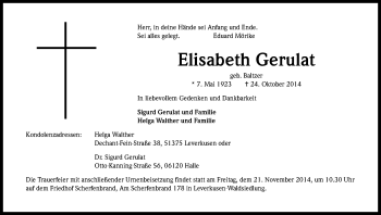 Anzeige von Elisabeth Gerulat von Kölner Stadt-Anzeiger / Kölnische Rundschau / Express