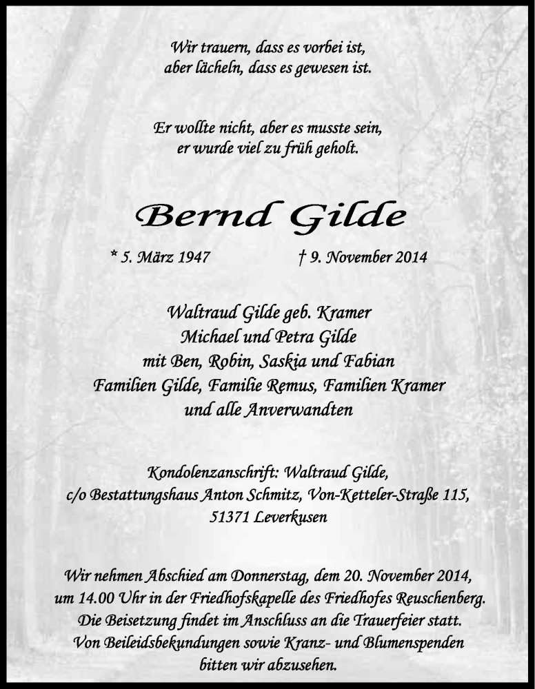  Traueranzeige für Bernd Gilde vom 15.11.2014 aus Kölner Stadt-Anzeiger / Kölnische Rundschau / Express