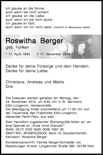 Anzeige von Roswitha Berger von Kölner Stadt-Anzeiger / Kölnische Rundschau / Express