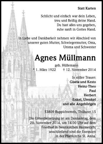 Anzeige von Agnes Müllmann von Kölner Stadt-Anzeiger / Kölnische Rundschau / Express