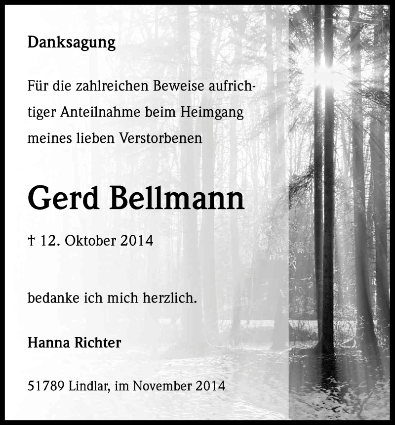  Traueranzeige für Gerd Bellmann vom 15.11.2014 aus Kölner Stadt-Anzeiger / Kölnische Rundschau / Express