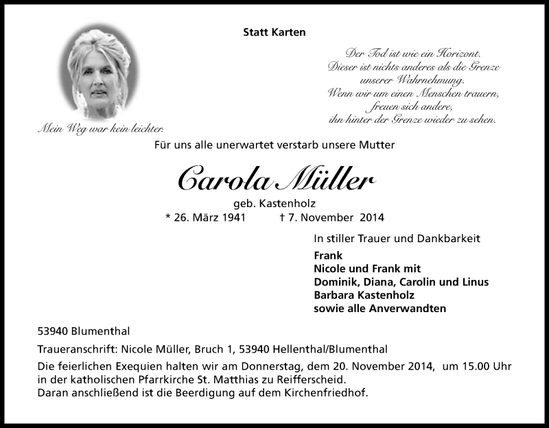  Traueranzeige für Carola Müller vom 15.11.2014 aus Kölner Stadt-Anzeiger / Kölnische Rundschau / Express
