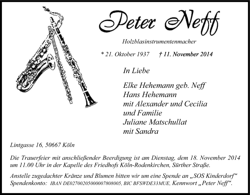  Traueranzeige für Peter Neff vom 15.11.2014 aus Kölner Stadt-Anzeiger / Kölnische Rundschau / Express