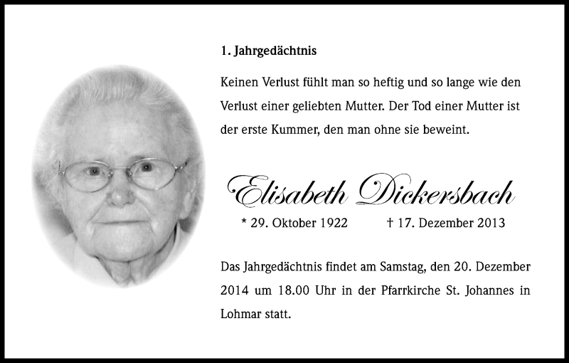  Traueranzeige für Elisabeth Dickersbach vom 06.12.2014 aus Kölner Stadt-Anzeiger / Kölnische Rundschau / Express