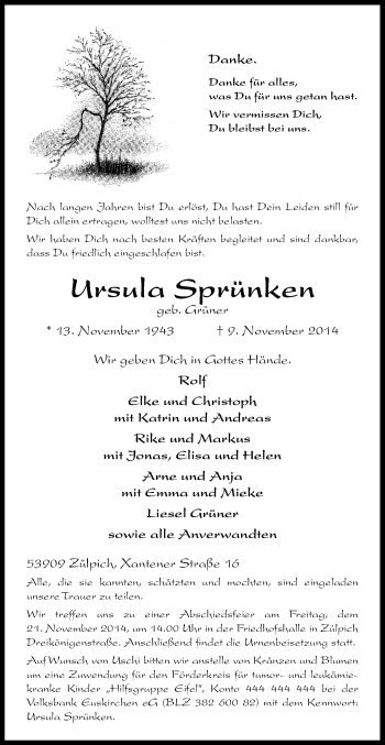 Anzeige von Ursula Sprünken von Kölner Stadt-Anzeiger / Kölnische Rundschau / Express