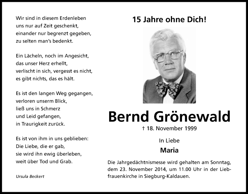  Traueranzeige für Bernd Grönewald vom 18.11.2014 aus Kölner Stadt-Anzeiger / Kölnische Rundschau / Express
