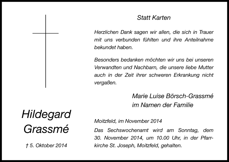  Traueranzeige für Hildegard Grassmé vom 26.11.2014 aus Kölner Stadt-Anzeiger / Kölnische Rundschau / Express