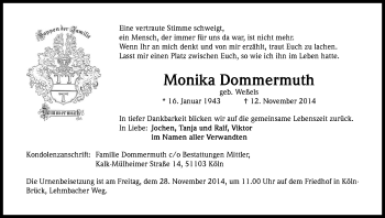 Anzeige von Monika Dommermuth von Kölner Stadt-Anzeiger / Kölnische Rundschau / Express