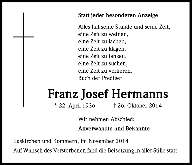  Traueranzeige für Franz Josef Hermanns vom 15.11.2014 aus Kölner Stadt-Anzeiger / Kölnische Rundschau / Express