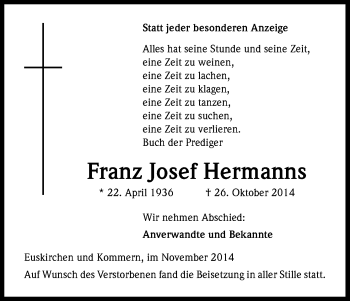 Anzeige von Franz Josef Hermanns von Kölner Stadt-Anzeiger / Kölnische Rundschau / Express