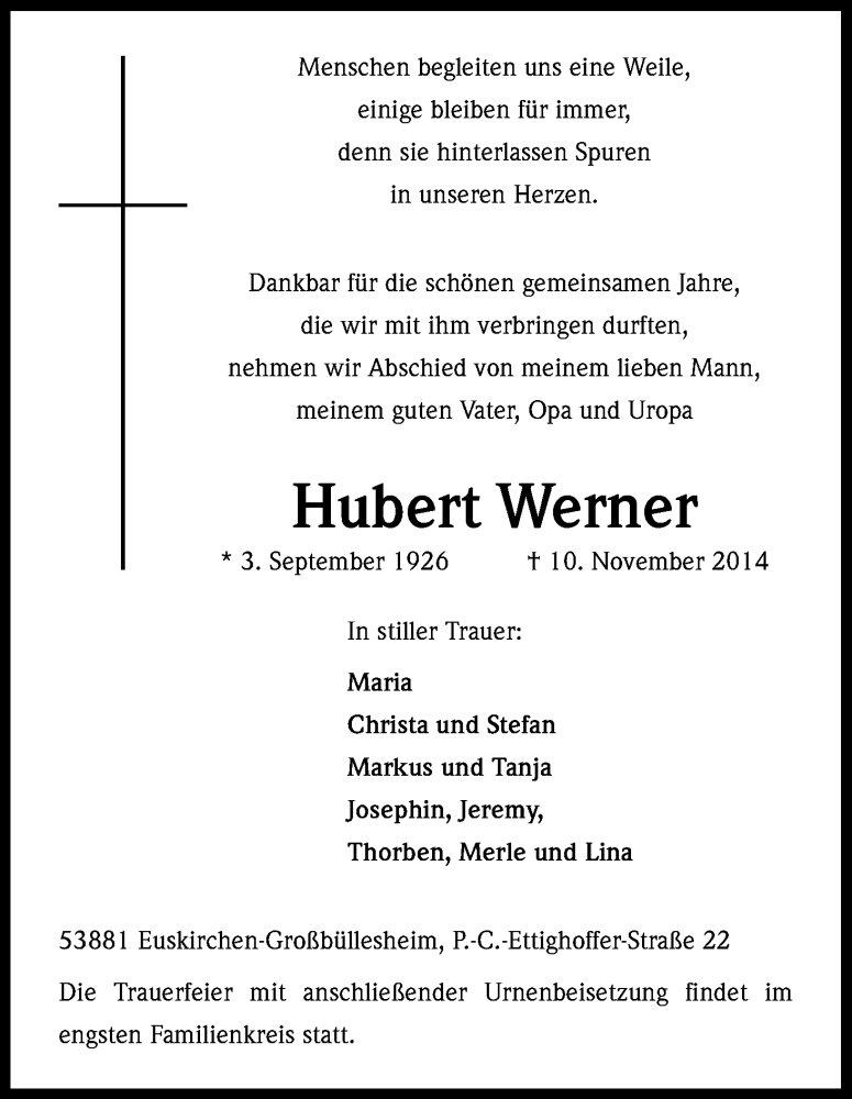  Traueranzeige für Hubert Werner vom 20.11.2014 aus Kölner Stadt-Anzeiger / Kölnische Rundschau / Express