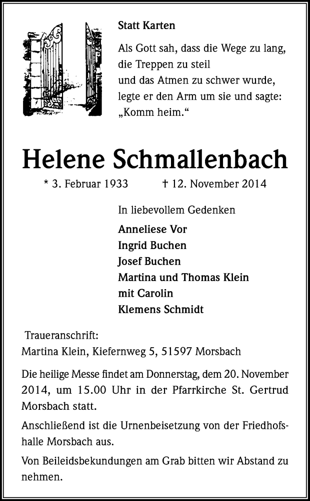  Traueranzeige für Helene Schmallenbach vom 15.11.2014 aus Kölner Stadt-Anzeiger / Kölnische Rundschau / Express