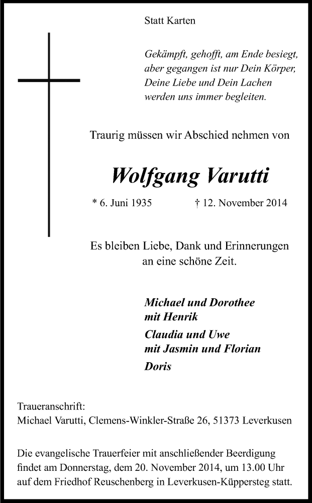  Traueranzeige für Wolfgang Varutti vom 15.11.2014 aus Kölner Stadt-Anzeiger / Kölnische Rundschau / Express