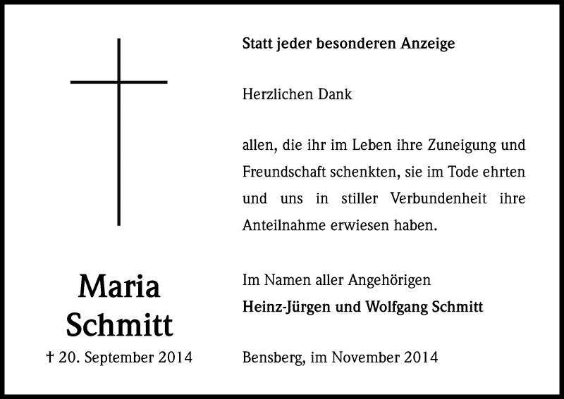  Traueranzeige für Maria Schmitt vom 15.11.2014 aus Kölner Stadt-Anzeiger / Kölnische Rundschau / Express