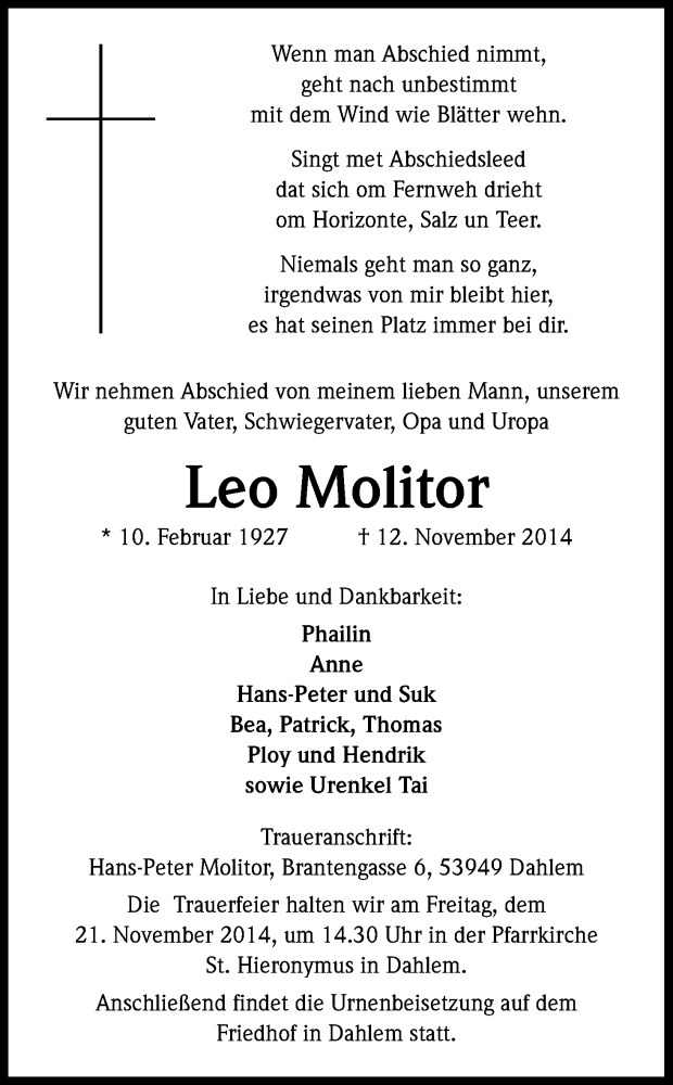  Traueranzeige für Leo Molitor vom 15.11.2014 aus Kölner Stadt-Anzeiger / Kölnische Rundschau / Express