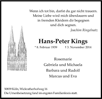 Anzeige von Hans-Peter Kings von Kölner Stadt-Anzeiger / Kölnische Rundschau / Express