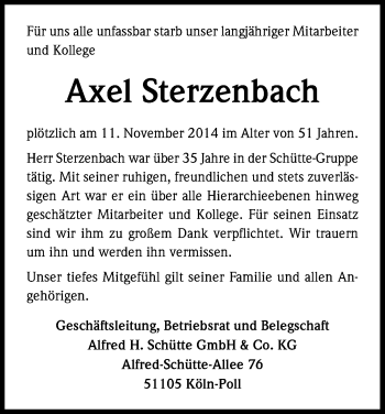 Anzeige von Axel Sterzenbach von Kölner Stadt-Anzeiger / Kölnische Rundschau / Express