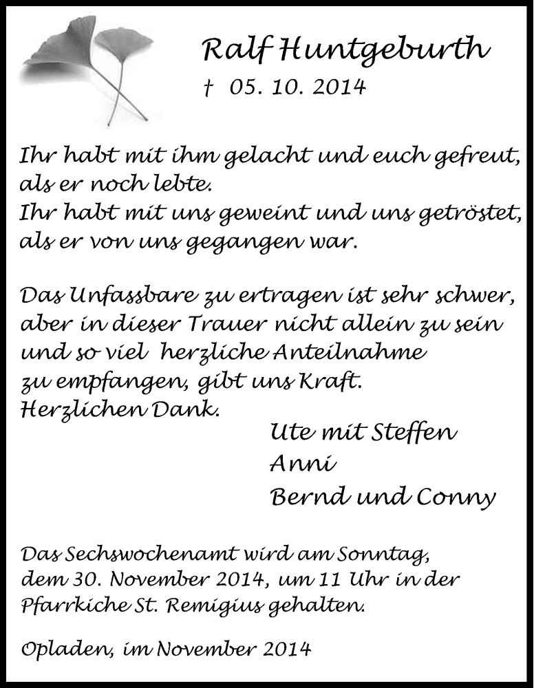  Traueranzeige für Ralf Huntgeburth vom 22.11.2014 aus Kölner Stadt-Anzeiger / Kölnische Rundschau / Express