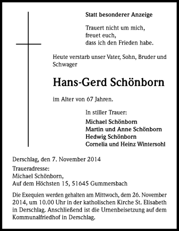 Anzeige von Hans-Gerd Schönborn von Kölner Stadt-Anzeiger / Kölnische Rundschau / Express