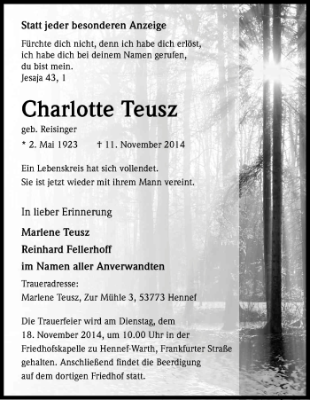 Anzeige von Charlotte Teusz von Kölner Stadt-Anzeiger / Kölnische Rundschau / Express