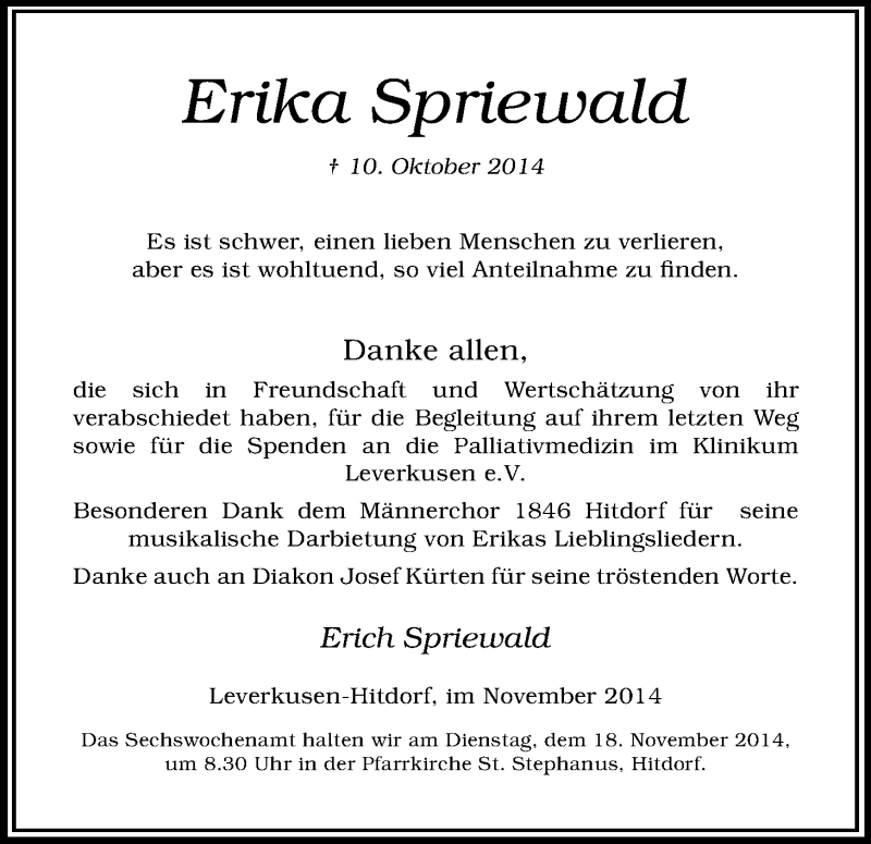  Traueranzeige für Erika Spriewald vom 15.11.2014 aus Kölner Stadt-Anzeiger / Kölnische Rundschau / Express