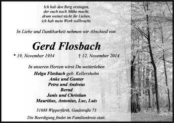 Anzeige von Gerd Flosbach von Kölner Stadt-Anzeiger / Kölnische Rundschau / Express