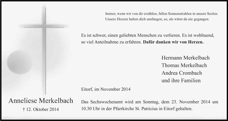  Traueranzeige für Anneliese Merkelbach vom 15.11.2014 aus Kölner Stadt-Anzeiger / Kölnische Rundschau / Express