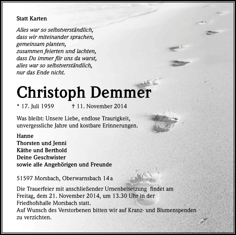  Traueranzeige für Christoph Demmer vom 15.11.2014 aus Kölner Stadt-Anzeiger / Kölnische Rundschau / Express