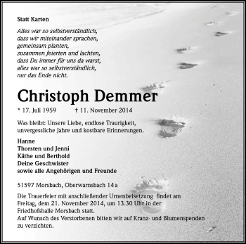Anzeige von Christoph Demmer von Kölner Stadt-Anzeiger / Kölnische Rundschau / Express