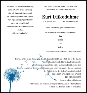 Anzeige von Kurt Lüthkeduhme von Kölner Stadt-Anzeiger / Kölnische Rundschau / Express