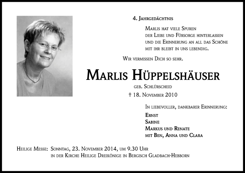  Traueranzeige für Marlis Hüppelshäuser vom 18.11.2014 aus Kölner Stadt-Anzeiger / Kölnische Rundschau / Express