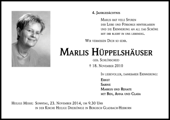 Anzeige von Marlis Hüppelshäuser von Kölner Stadt-Anzeiger / Kölnische Rundschau / Express