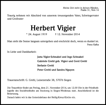 Anzeige von Herbert Vigier von Kölner Stadt-Anzeiger / Kölnische Rundschau / Express