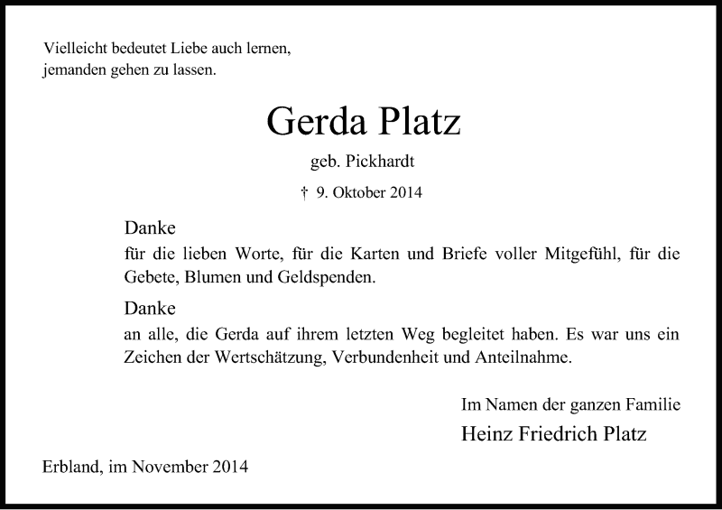  Traueranzeige für Gerda Platz vom 15.11.2014 aus Kölner Stadt-Anzeiger / Kölnische Rundschau / Express