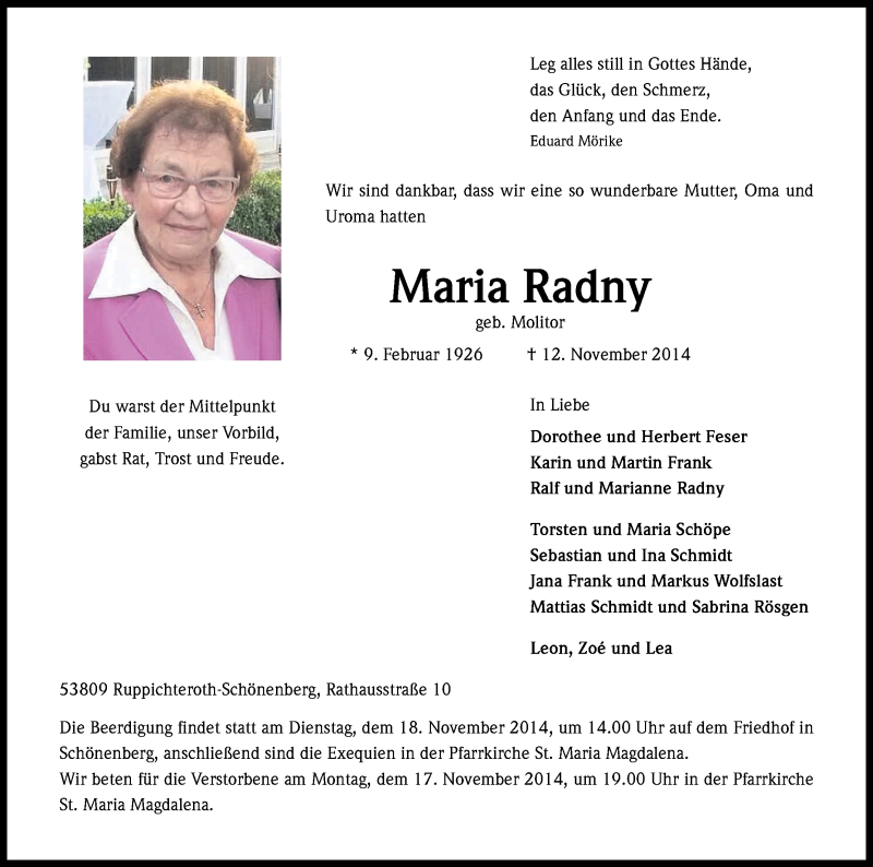  Traueranzeige für Maria Radny vom 15.11.2014 aus Kölner Stadt-Anzeiger / Kölnische Rundschau / Express