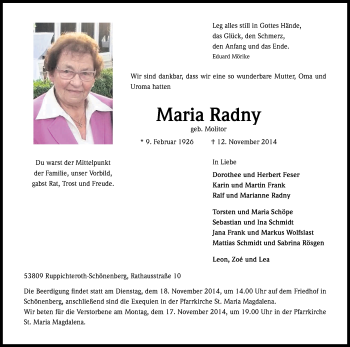 Anzeige von Maria Radny von Kölner Stadt-Anzeiger / Kölnische Rundschau / Express