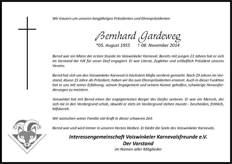  Traueranzeige für Bernhard Gardeweg vom 15.11.2014 aus Kölner Stadt-Anzeiger / Kölnische Rundschau / Express