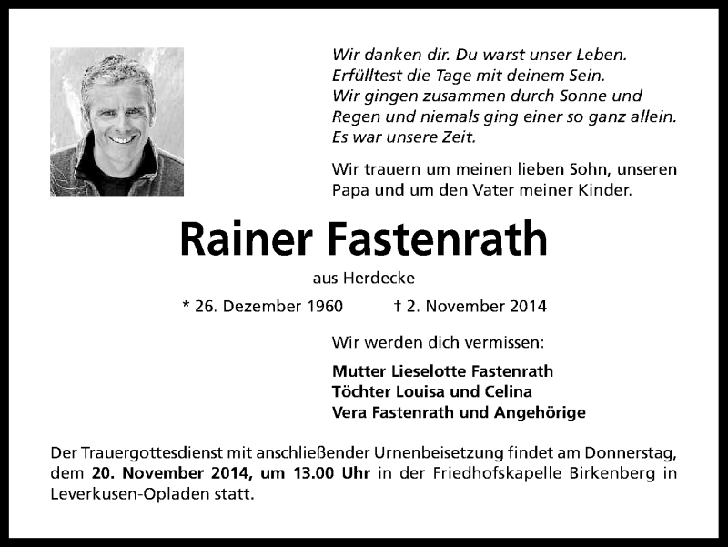 Traueranzeige für Rainer Fastenrath vom 15.11.2014 aus Kölner Stadt-Anzeiger / Kölnische Rundschau / Express